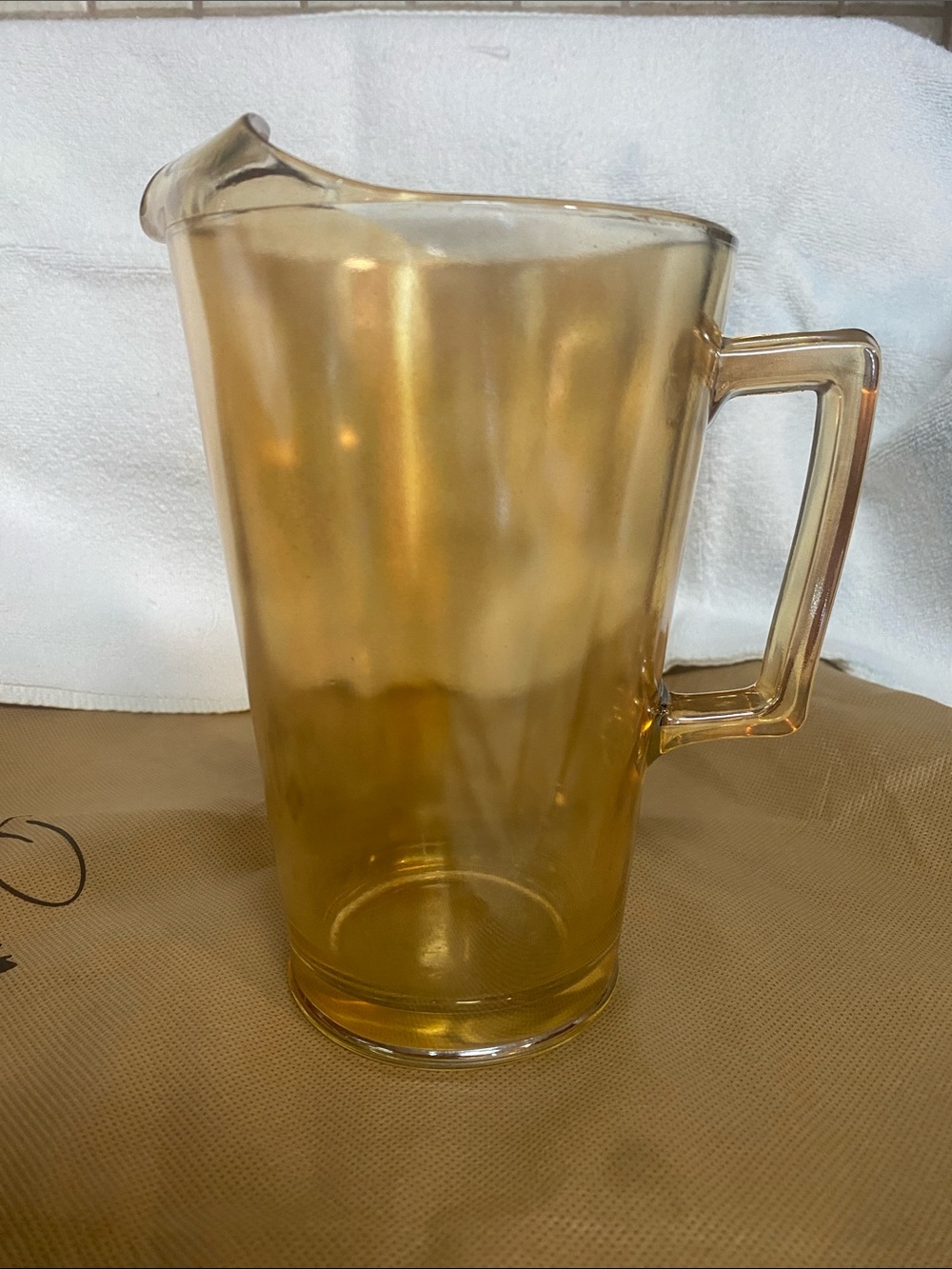 Vintage Jeanette Glass Styled Amber Iridescent 7 1/2” Glass Collectible Pitcher